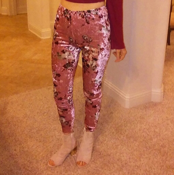 Pants - Leggings pants High waist pink floral velvet print